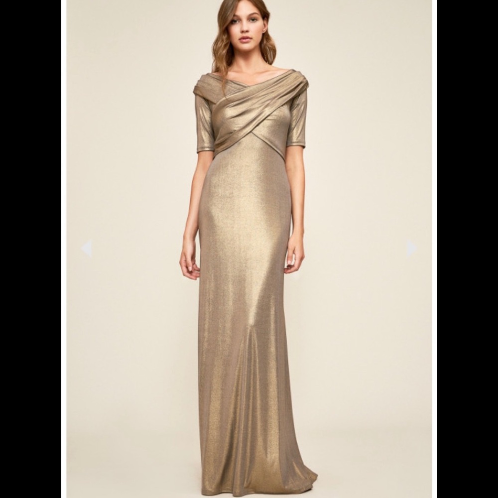 Tadashi Shoji - Gigi - Metallic Gold Gown Maxi Dress - Formal Wedding Worn Once